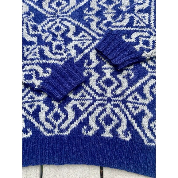 Vintage 1990s J.Crew Outfitters Hand Knit Shetland Wool Sweater Blue Gray L - Picture 12 of 13